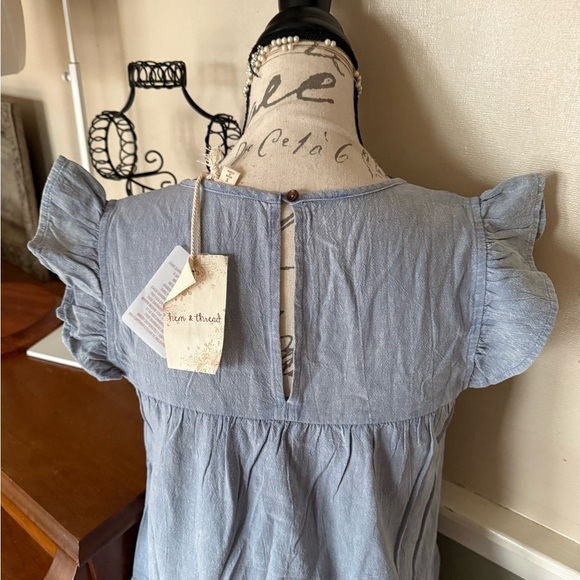 Chambray Tiered Ruffle Sleeve Embroidered Babydoll Dress NWT - Picture 7 of 8
